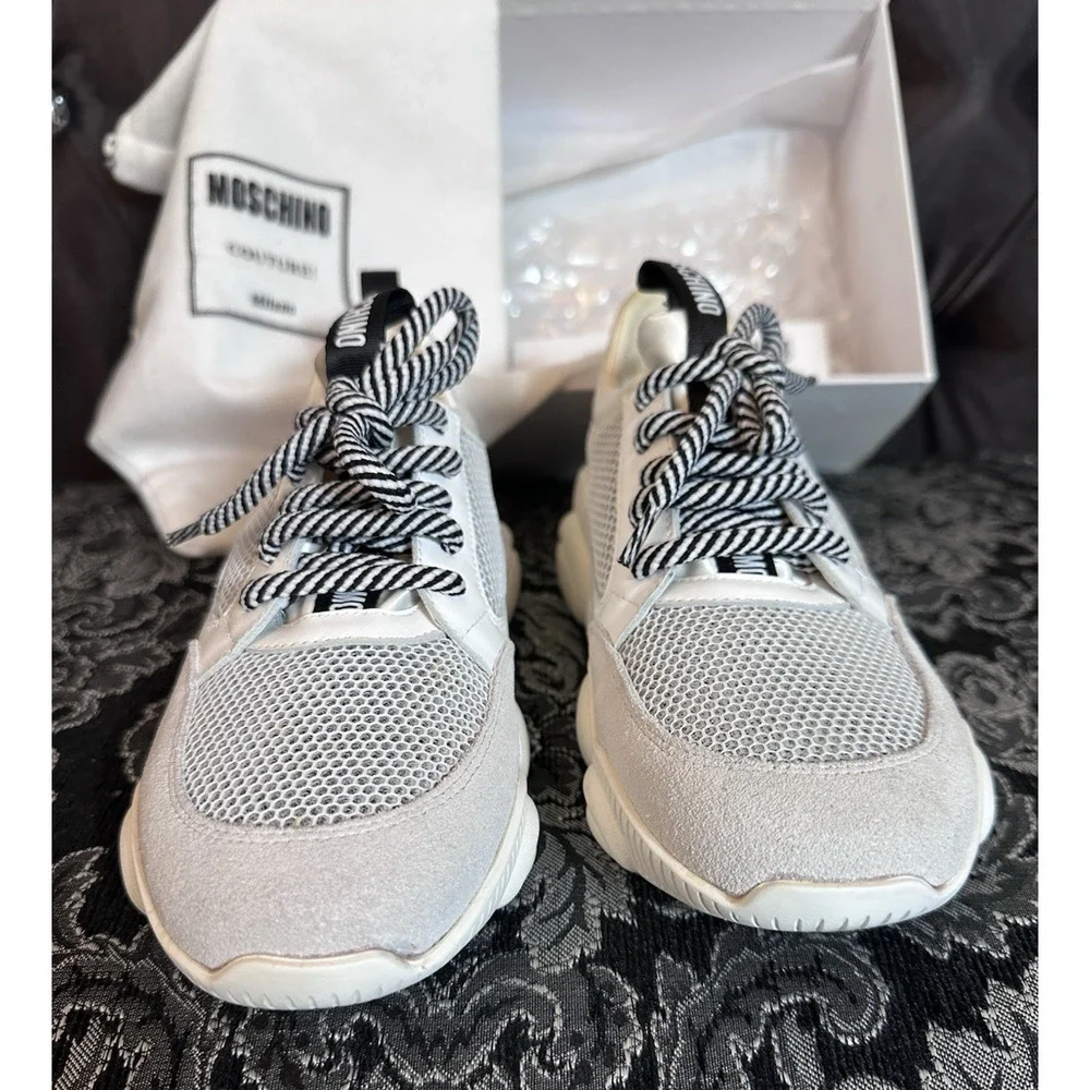 Moschino Shoes Womens 7 Teddy Bear Sneakers White Grey‎ Chunky Designer Mesh Box